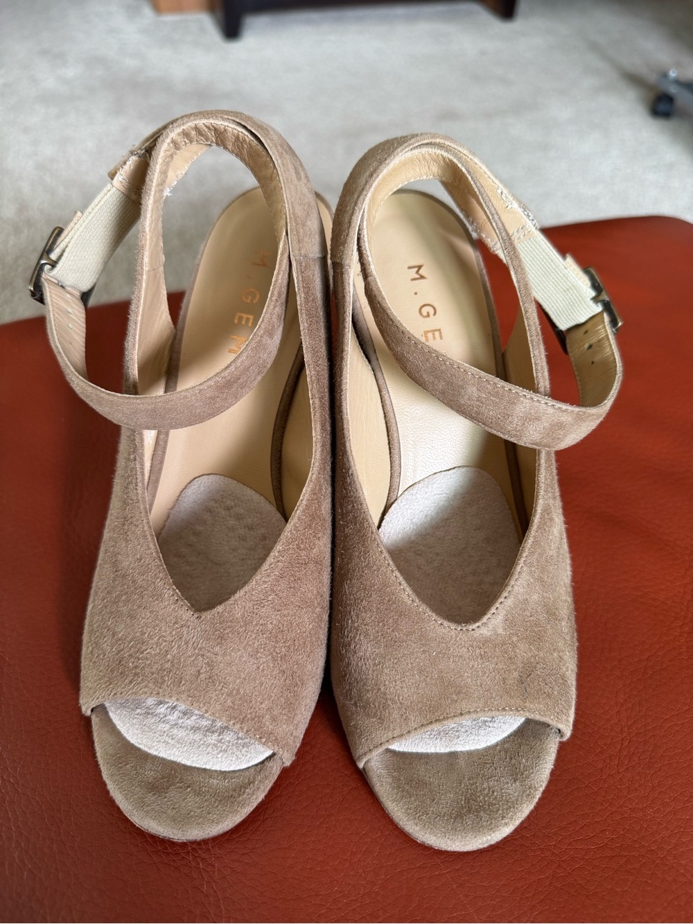 M. Gemi Taupe Suede Peep-Toe Slingback Wedges